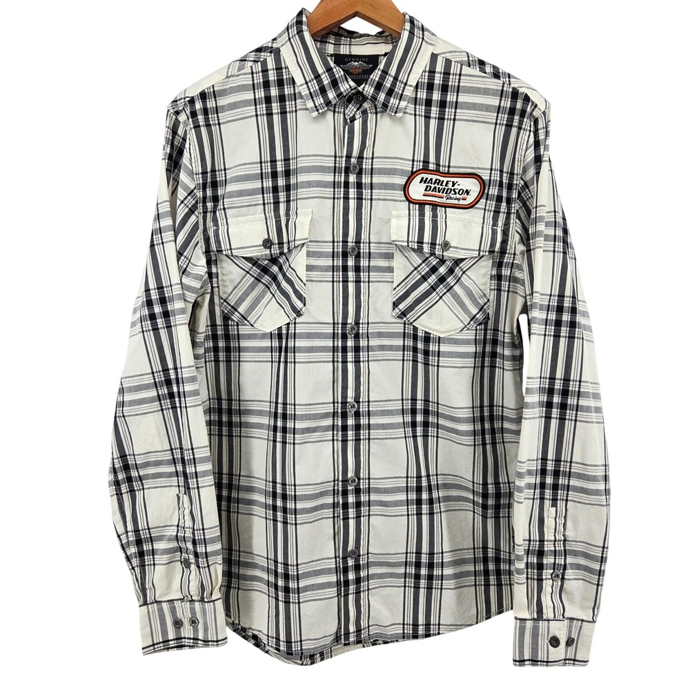 Harley-Davidson Racing Mens Button Down Shirt Motorcycle Black White Plaid M